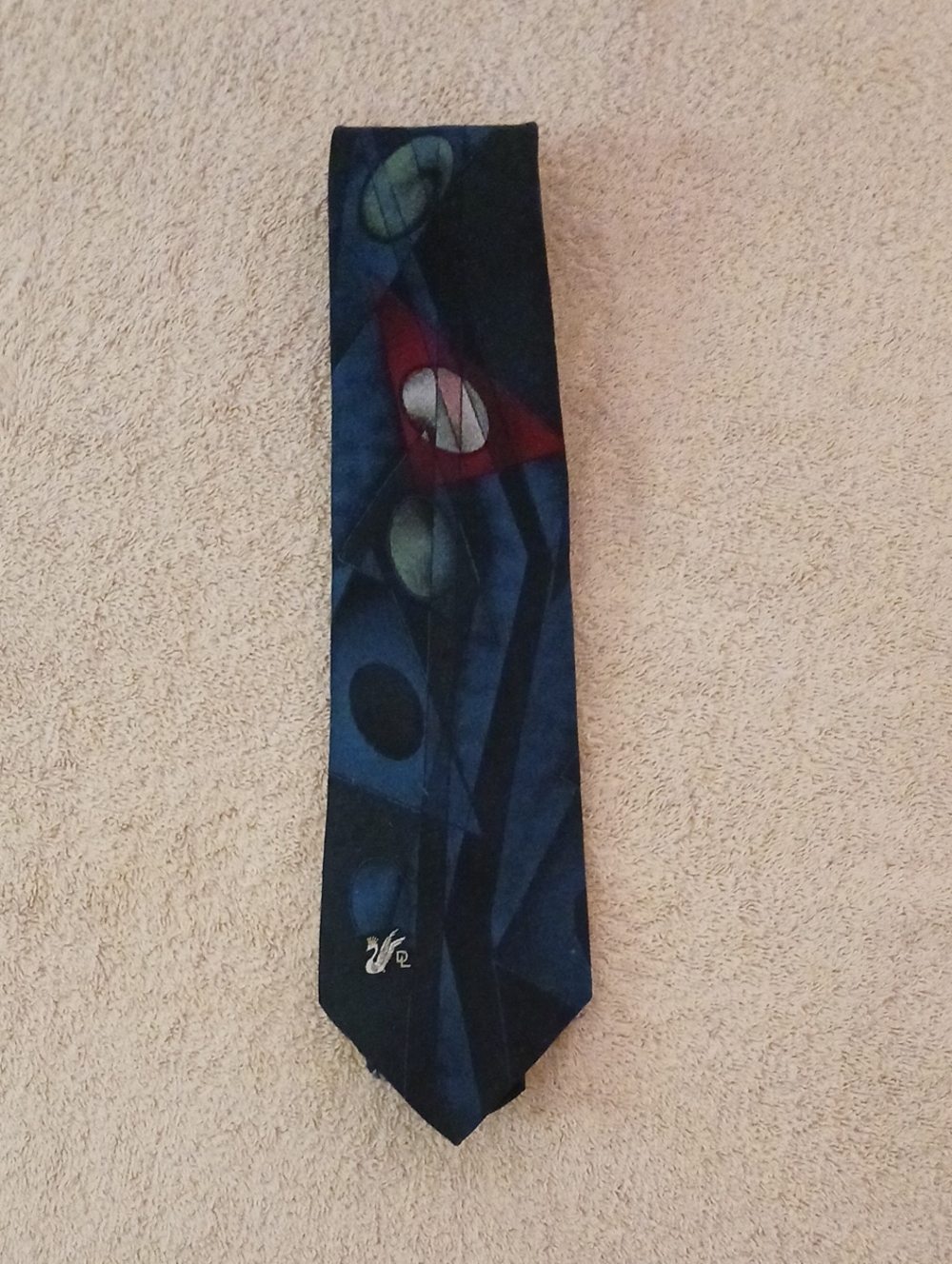 Abstract Navy Blue Geometric Tie with Red & Green Accents